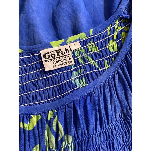 GO FISH Blue Green Tie Dye Batik Hawaiian Smocked Flutter Sleeve Dress SMALL - Picture 5 of 6